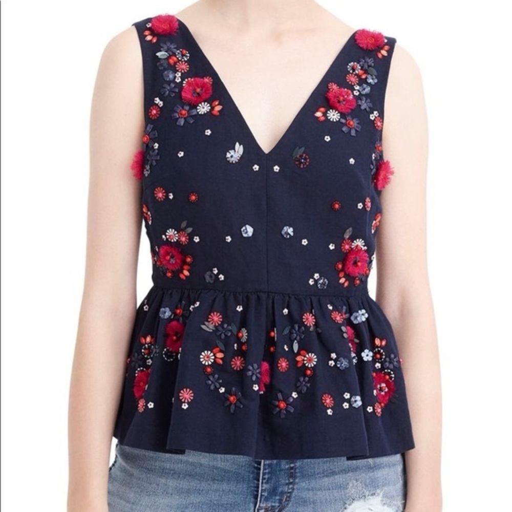 J. Crew Hand-Embellished Peplum Top in Navy Cotton Linen - Picture 4 of 4